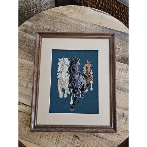 Needlepoint Tapestry Running Horses Framed Art Finished 15x18 - Picture 1 of 10